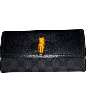 Gucci GG Black Leather Canvas Bamboo Collection Long Wallet